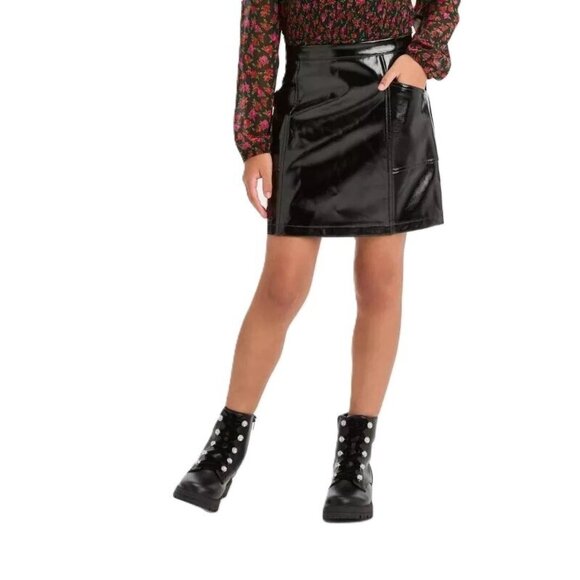 Art Class Black Metallic Faux Leather A-Line Skirt w/ Pockets - Picture 2 of 7